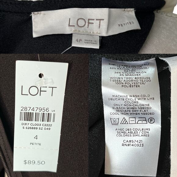 Loft Dress Black 4P Petite Stretch LBD Ruffle Neck LS New - Picture 7 of 14